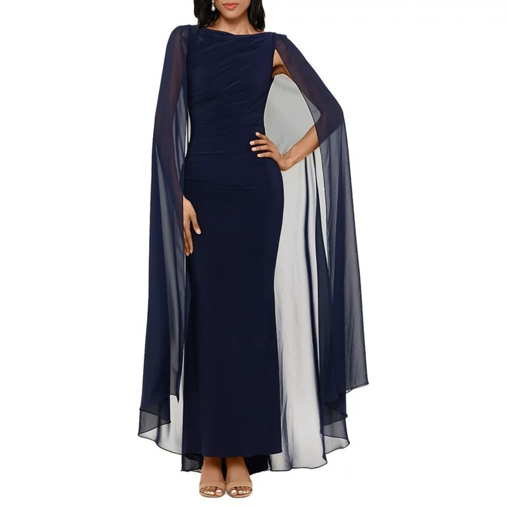 Betsy & Adam navy chiffon gown with fluttery cape